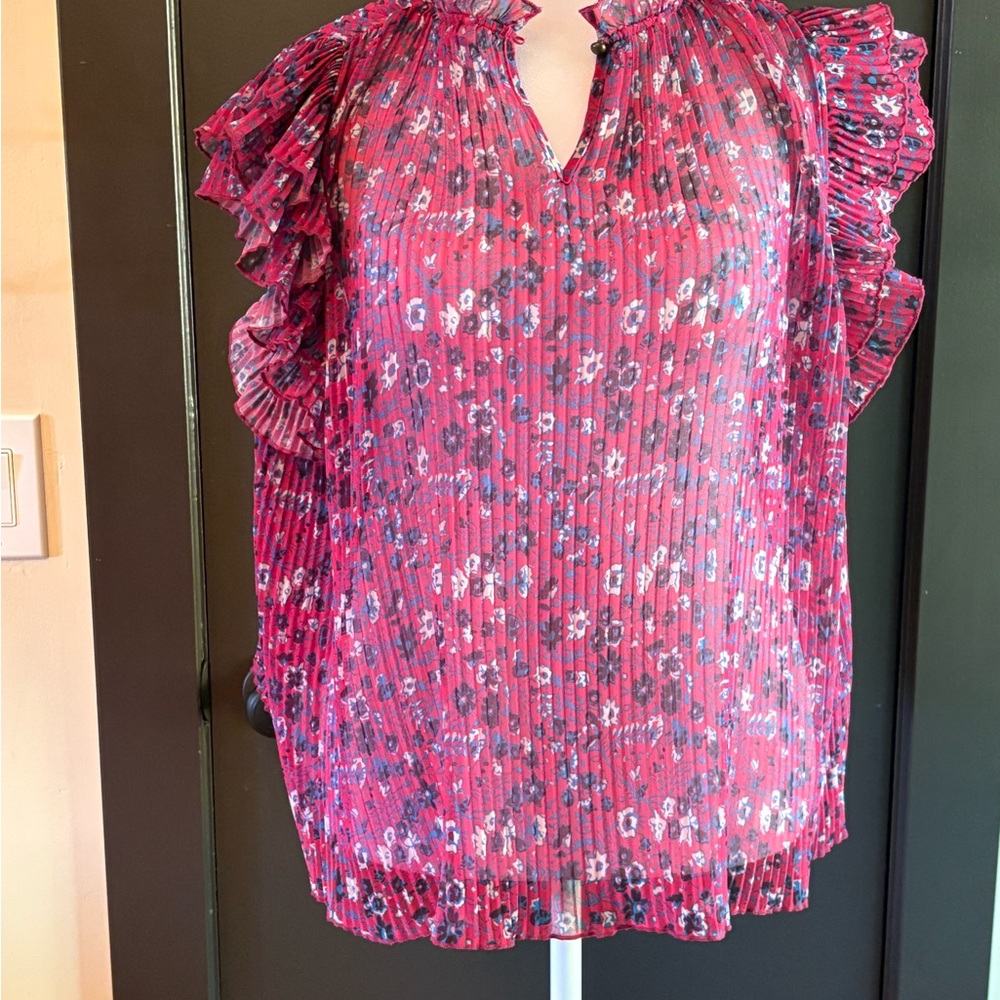 Anthropologie Pink Floral Pleated Blouse